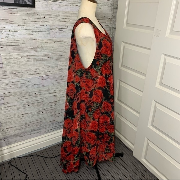 CROCUS Black Red Floral Chiffon Shift Dress Asymmetrical Lagen Look Free Size - Picture 4 of 12